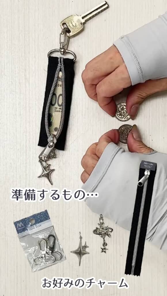 布やファスナー、ナスカンを用意。完成品には小銭などを入れられます