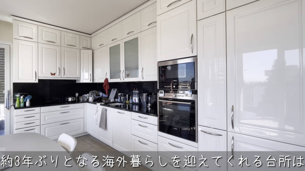 海外らしいキッチン。右端の扉は冷蔵庫ドアと一体